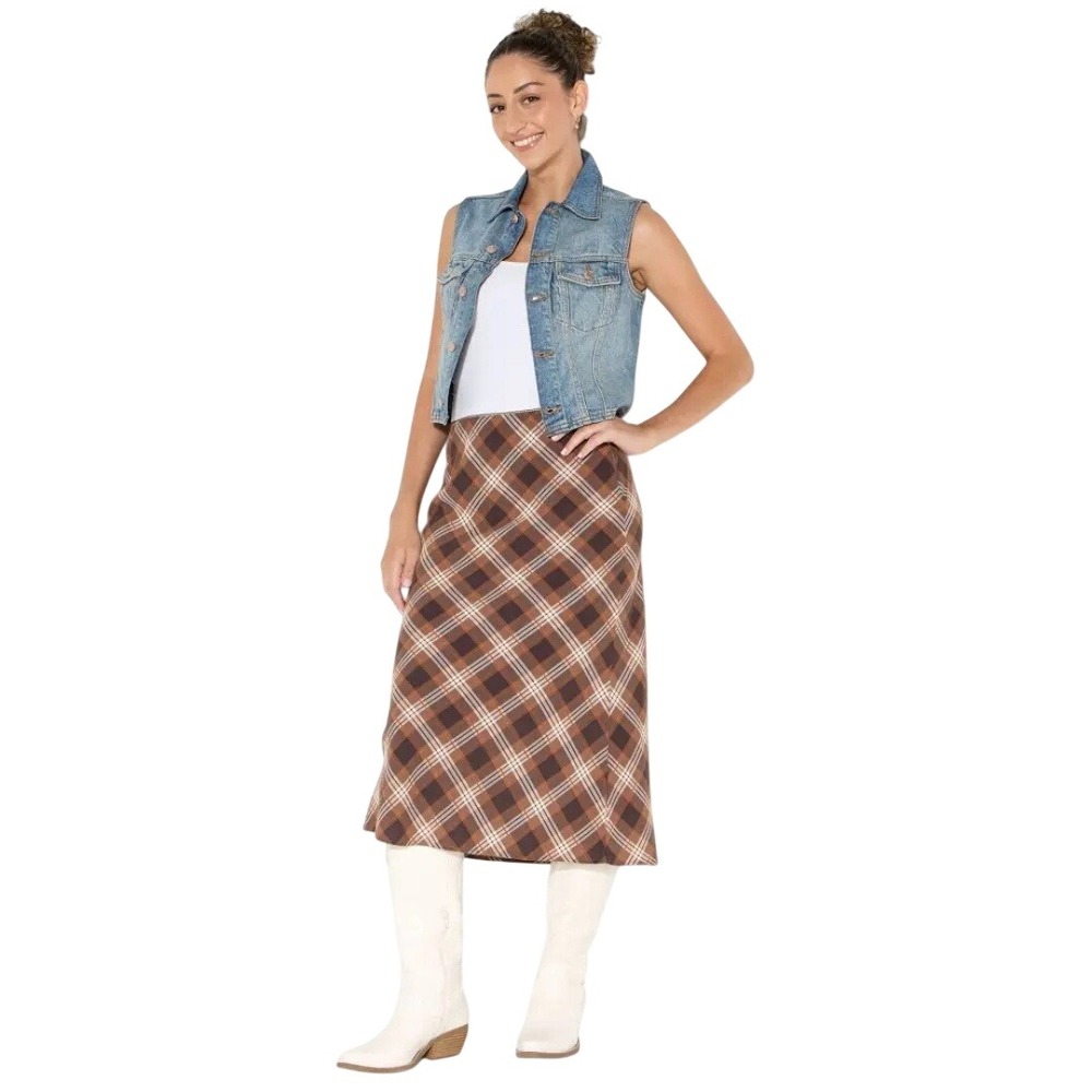 Wild Fable Women's Brown Plaid Lace Trim Midi Skirt Size Medium